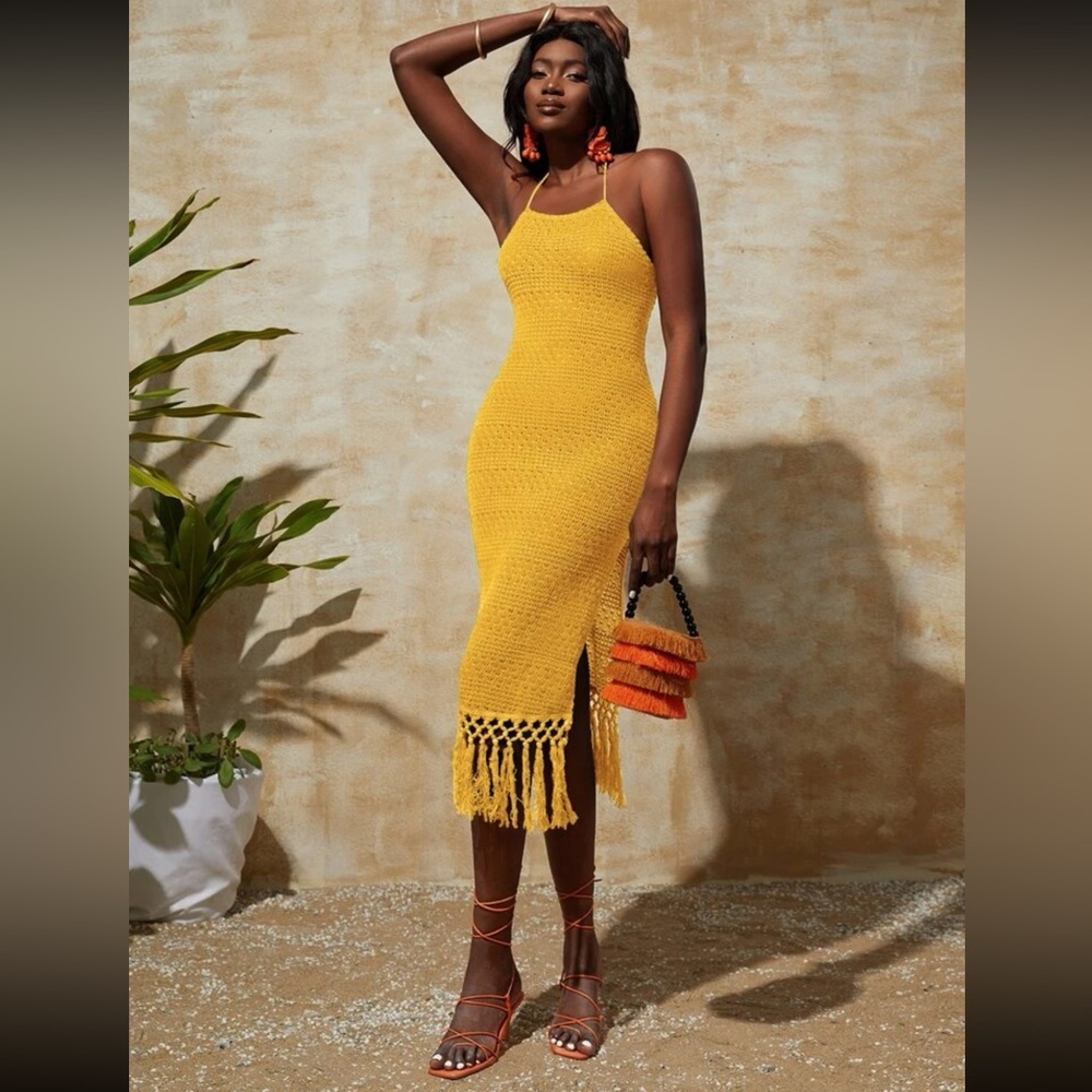 Sunshine Yellow Crochet Fringe Midi Dress